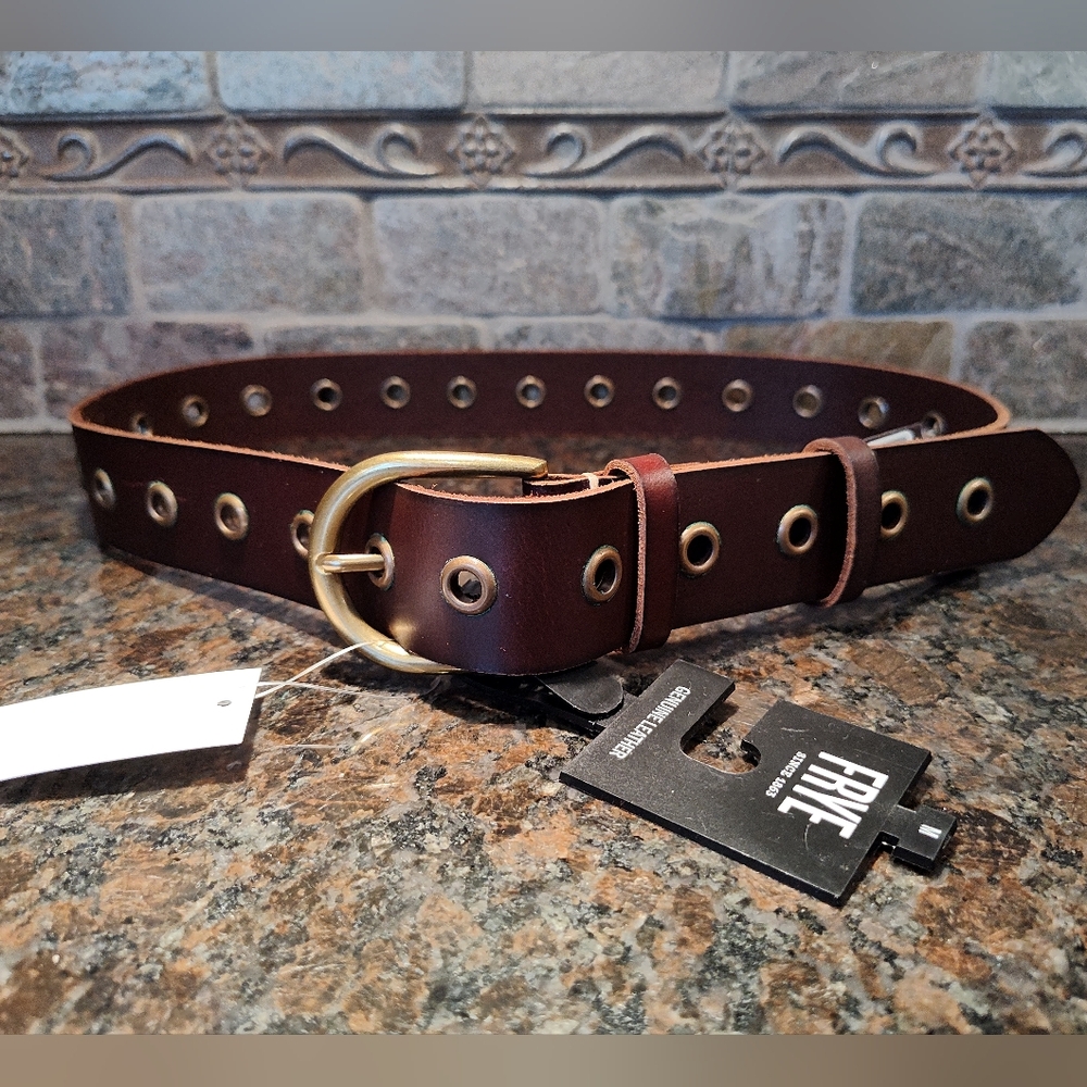 Frye Dark Brown Leather Grommet Belt with Antique Brass Buckle